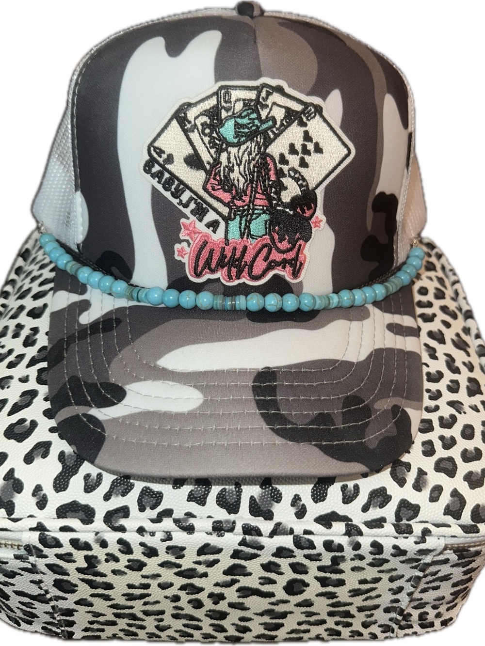 OTTO Women's Gray Camo Trucker Hat with Turquoise Bead Trim